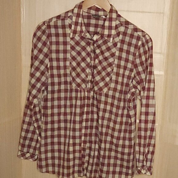 Eddie Bauer Womens Red Cream Plaid Ruffle Detail Button Front Shirt XL - Picture 1 of 6